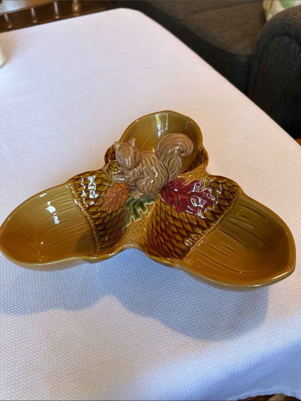 Harvest Ceramic Squirrel Three-Section Serving Dish - Mustard Brown